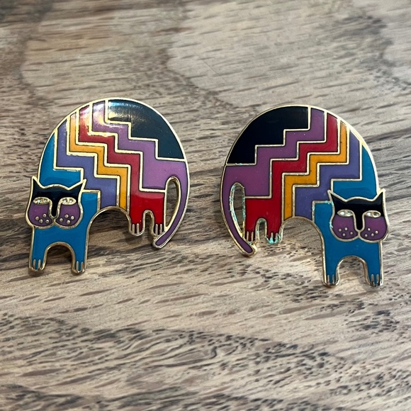 Laurel Burch Gold & Rainbow Cat Earrings – Whimsical Enamel Art Jewelry - Picture 1 of 5